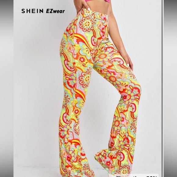 SHEIN Pants - Shein Curve XL 70s Style Floral Print Flare Pants Stretchy Boho Retro Multicolor